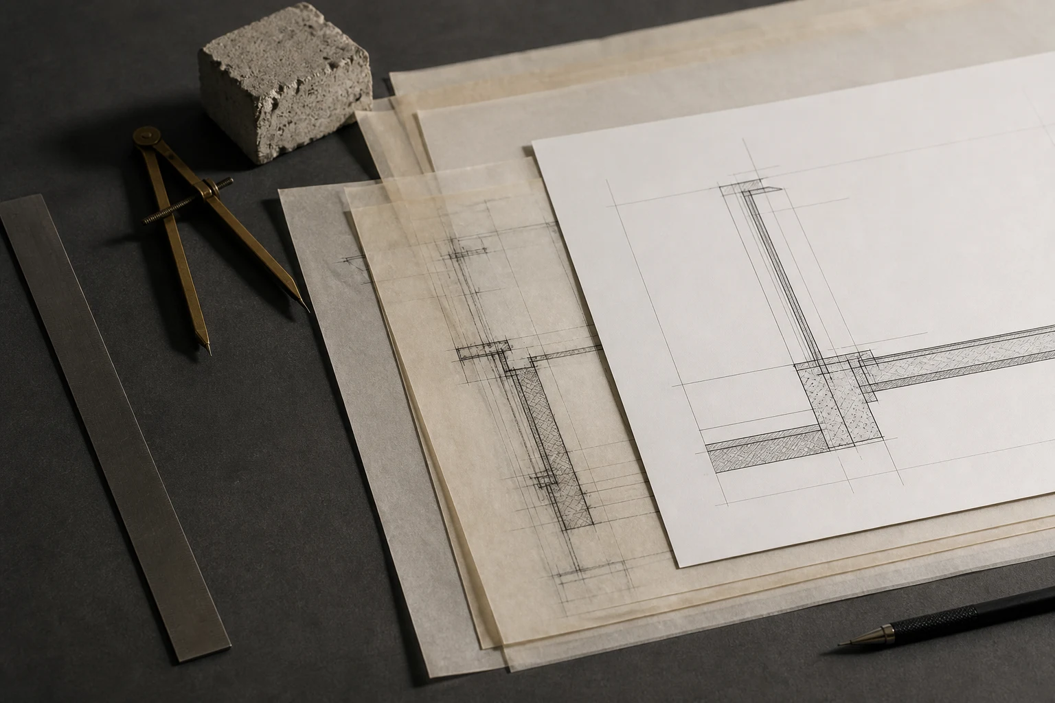 Layered architectural drawings and drafting instruments illustrating the evolution of practice